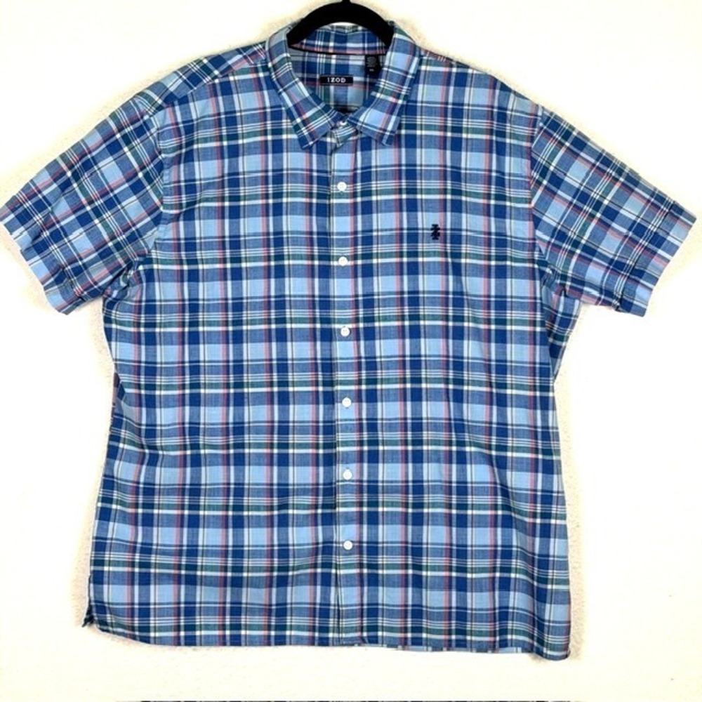 IZOD Mens XXL‎ Short Sleeve Button Down Shirt Blue Plaid Cotton Blend Casual